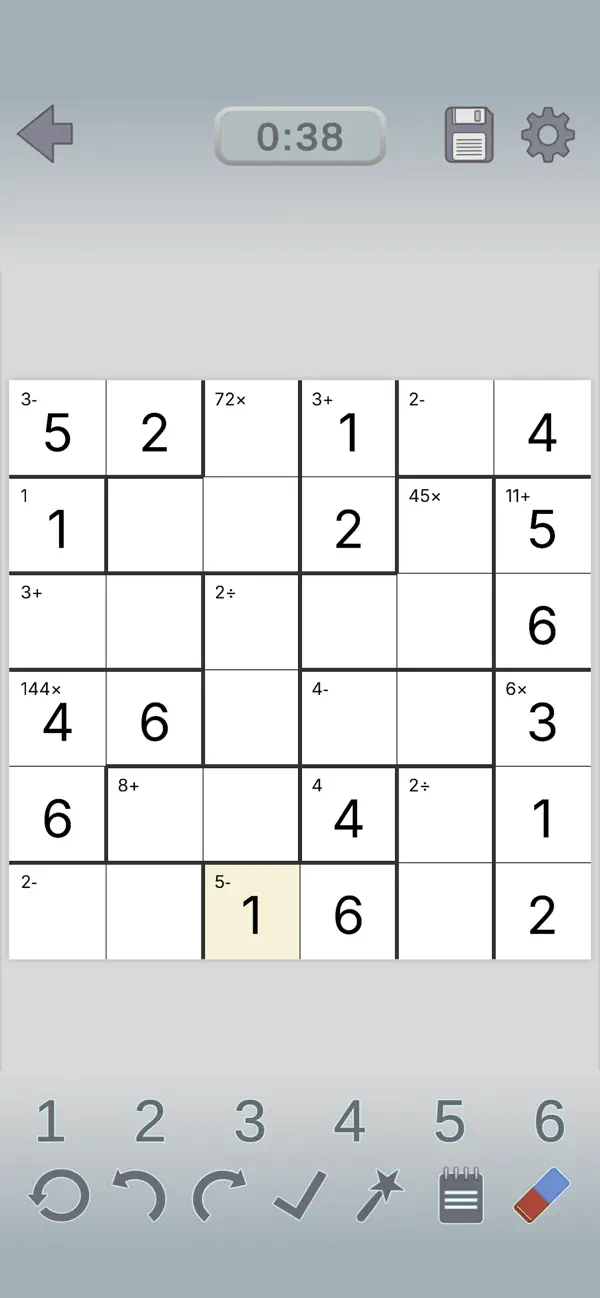 A 6x6 KenKen in progress on iPhone