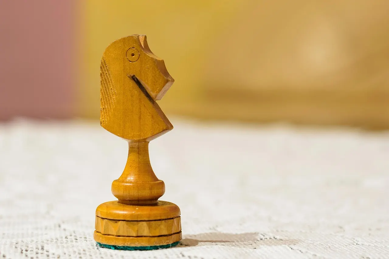 A wooden chess knight standing on a board in soft daylight