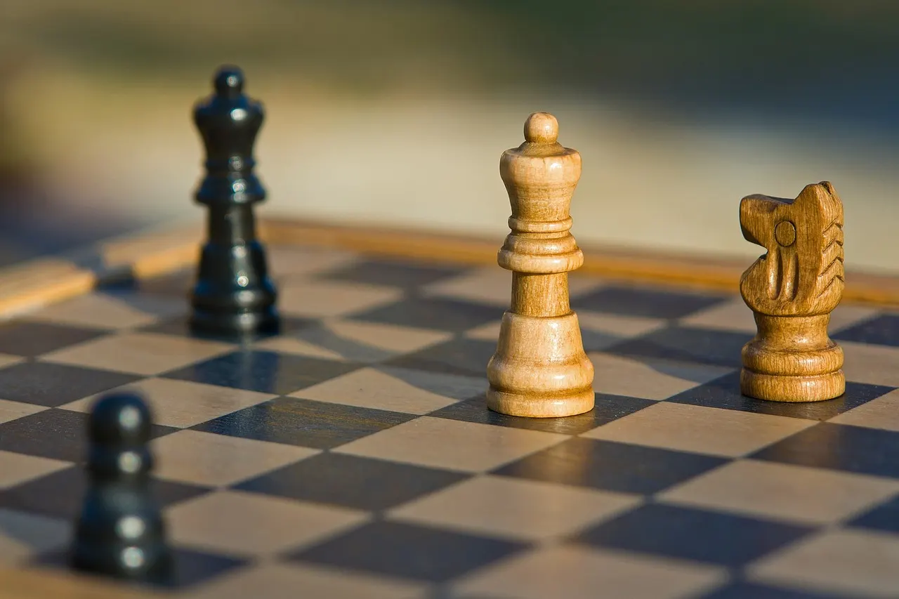 A wooden chess set on a board outdoors in warm sunlight