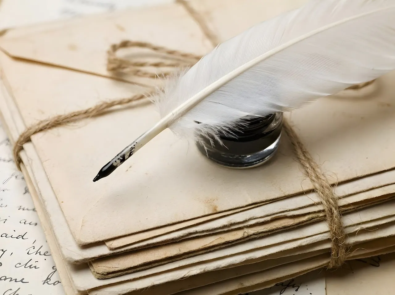 A quill pen and inkwell resting on a bundle of aged handwritten letters