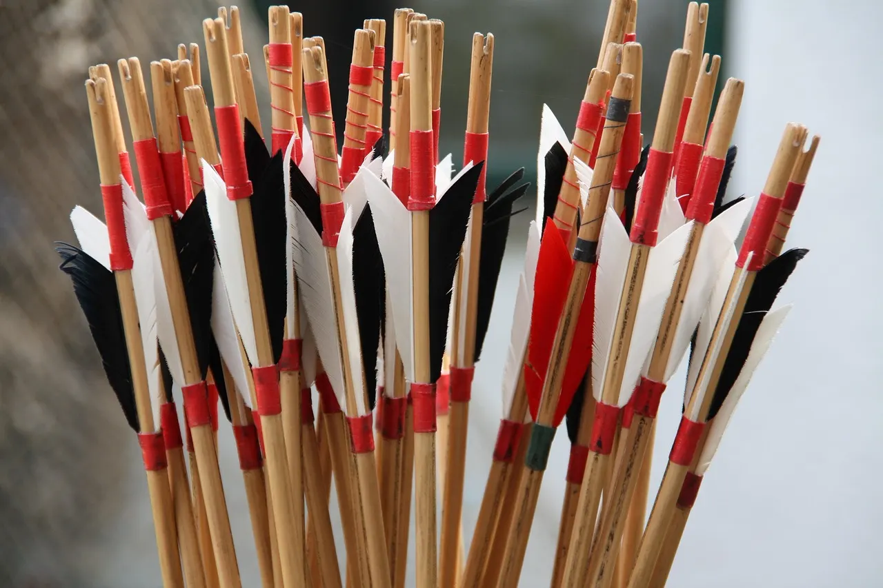 A bundle of arrows with red and white fletching, standing in a quiver
