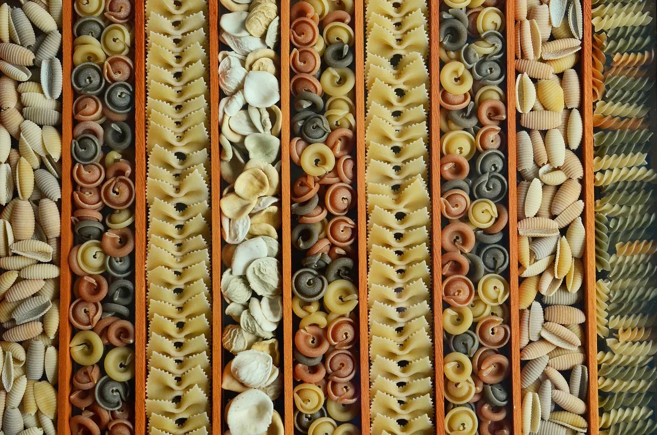 Dried pasta arranged in neat rows by shape on a pale surface